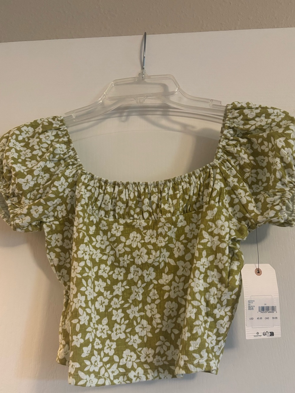 Billabong Women's Olive Green Floral Puff-Sleeve Top size XS